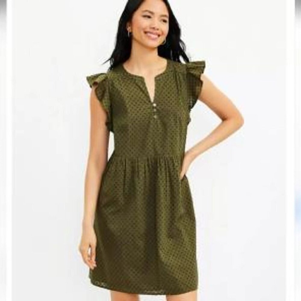 Loft NWOT Olive Green Swiss Dot Flutter Sleeve V Neck Dress Women's Large